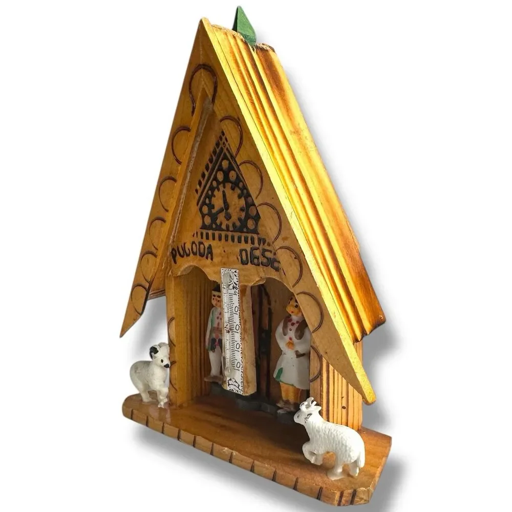 Vintage Romanian Wooden Weather House Chalet Thermometer Folk Art Decor